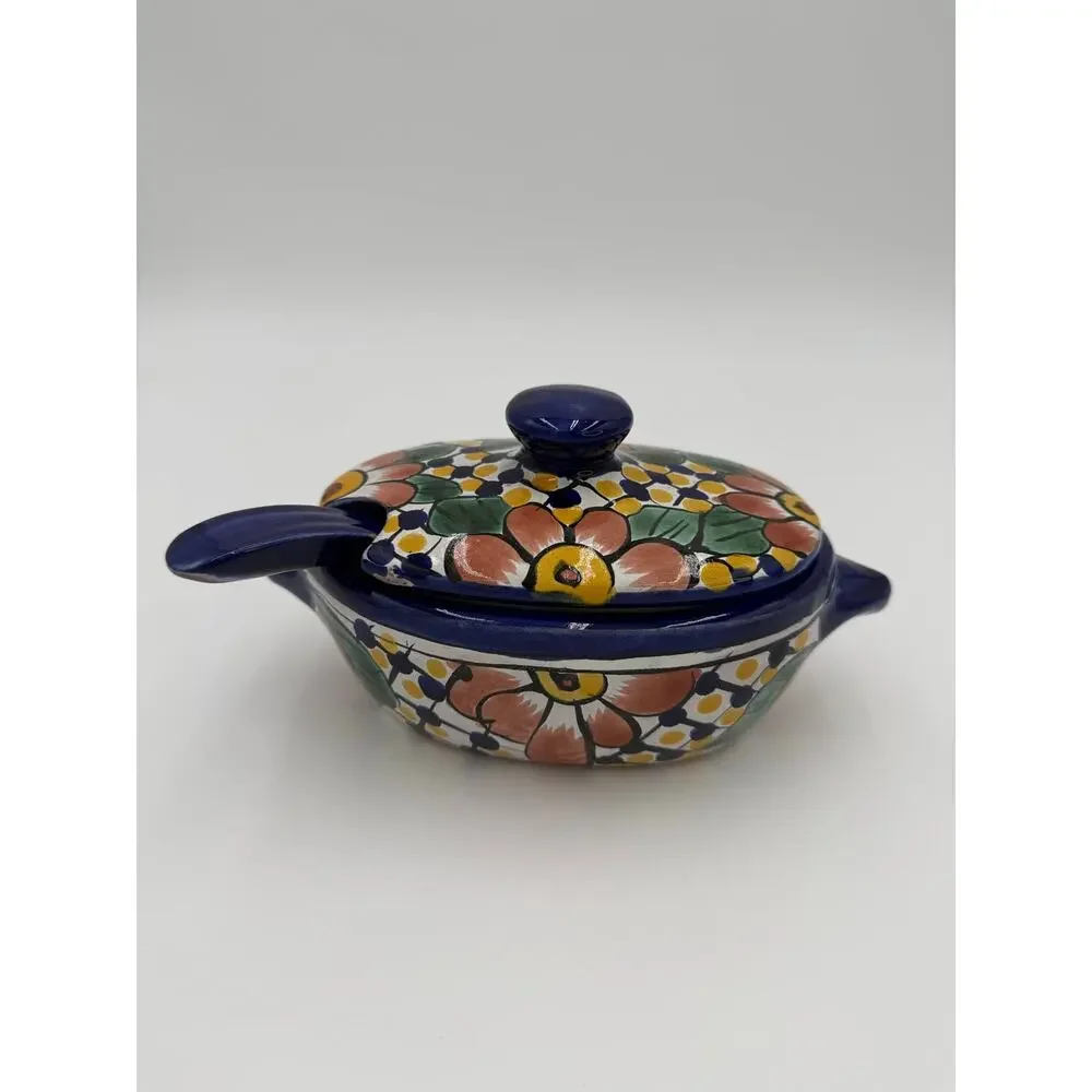 Talavera Mexican Folk Art Pottery Dish with Ladel